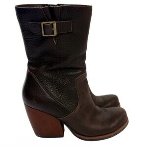 Kork-Ease Brown Leather Ankle Boots Block Heel Buckle Zip Boho